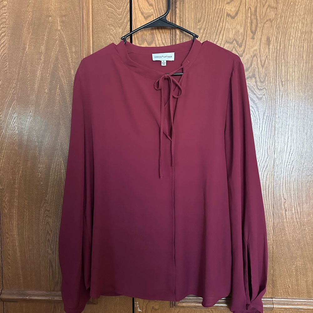 Gibson Latimer Deep Red Blouse with Bow Detail